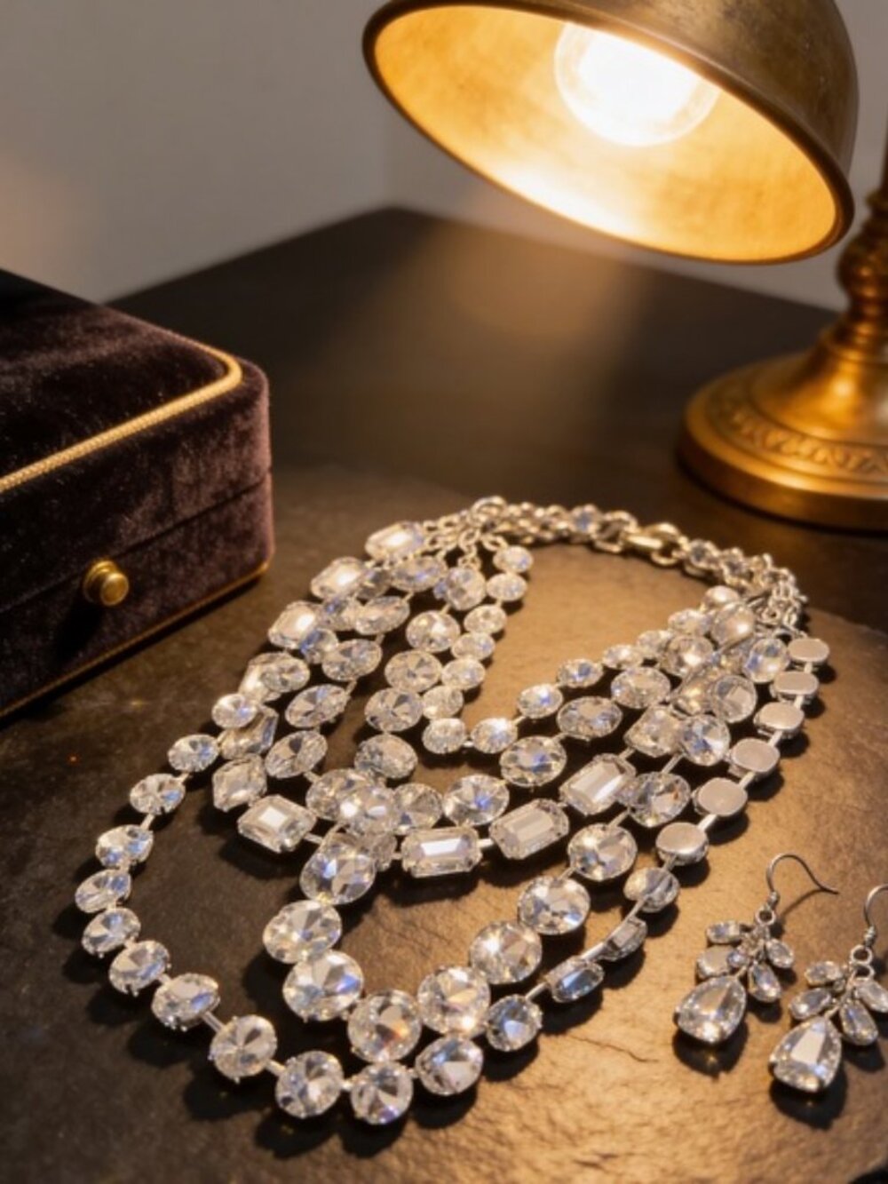 Great Gatsby Style  Statement Necklace and Earrings Set - Silver Tone Sparkle.